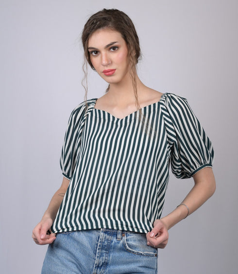 White and Green Striped Relaxed Fit V-Neckline Top (OTL-TPS1020)