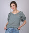 White and Green Striped Relaxed Fit V-Neckline Top (OTL-TPS1020)