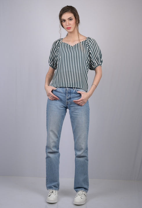White and Green Striped Relaxed Fit V-Neckline Top (OTL-TPS1020)