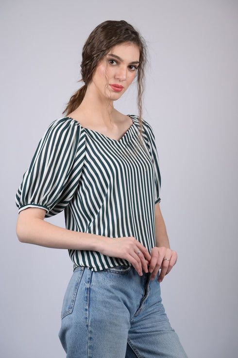 White and Green Striped Relaxed Fit V-Neckline Top (OTL-TPS1020)