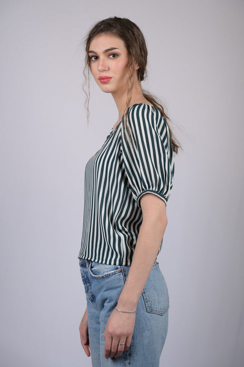 White and Green Striped Relaxed Fit V-Neckline Top (OTL-TPS1020)