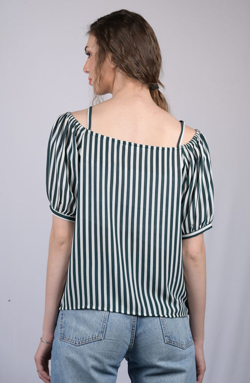 White and Green Striped Relaxed Fit Boat Neckline Top (OTL-TPS1021)