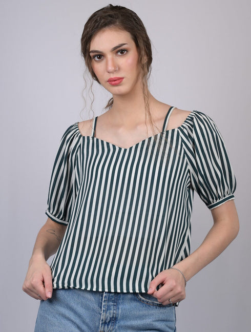 White and Green Striped Relaxed Fit Boat Neckline Top (OTL-TPS1021)