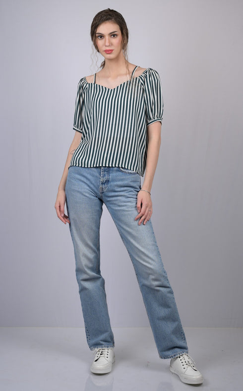 White and Green Striped Relaxed Fit Boat Neckline Top (OTL-TPS1021)