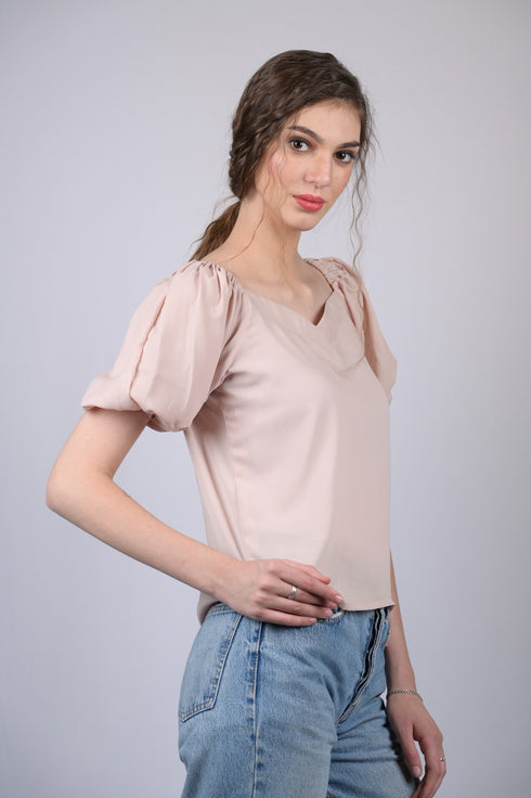 Peach V-Neck With Puff Sleeve Top (OTL-TPS1025)