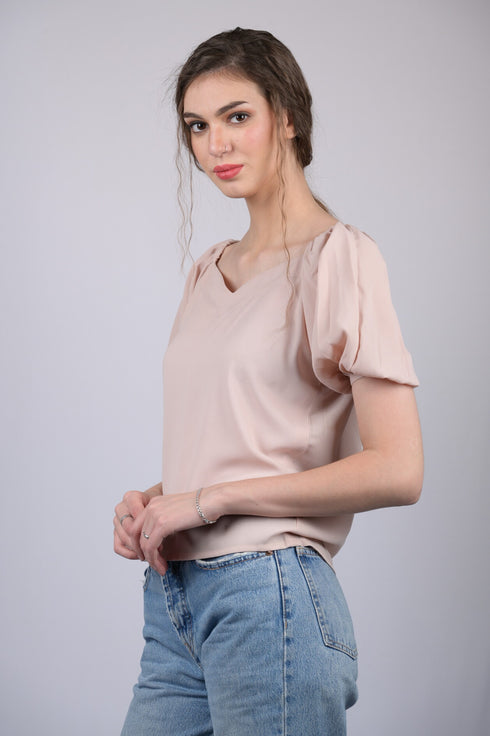 Peach V-Neck With Puff Sleeve Top (OTL-TPS1025)