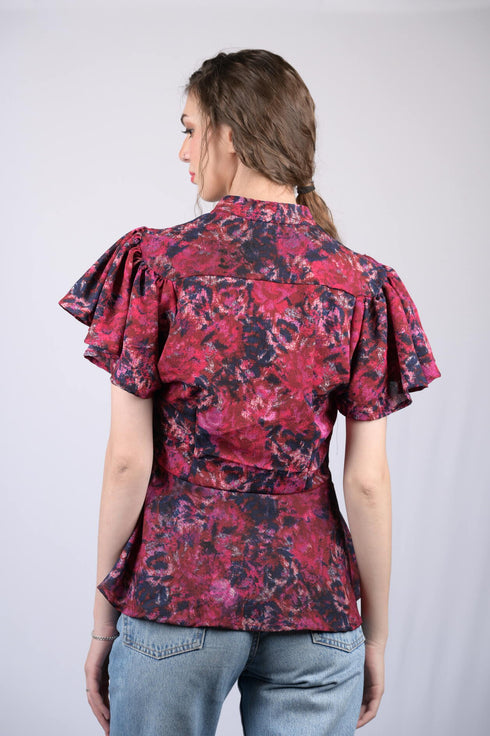 Red Floral Printed flow Sleeves Blouson Top (OTL-TPS1027)
