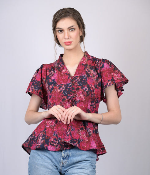 Red Floral Printed flow Sleeves Blouson Top (OTL-TPS1027)
