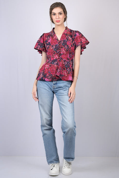 Red Floral Printed flow Sleeves Blouson Top (OTL-TPS1027)