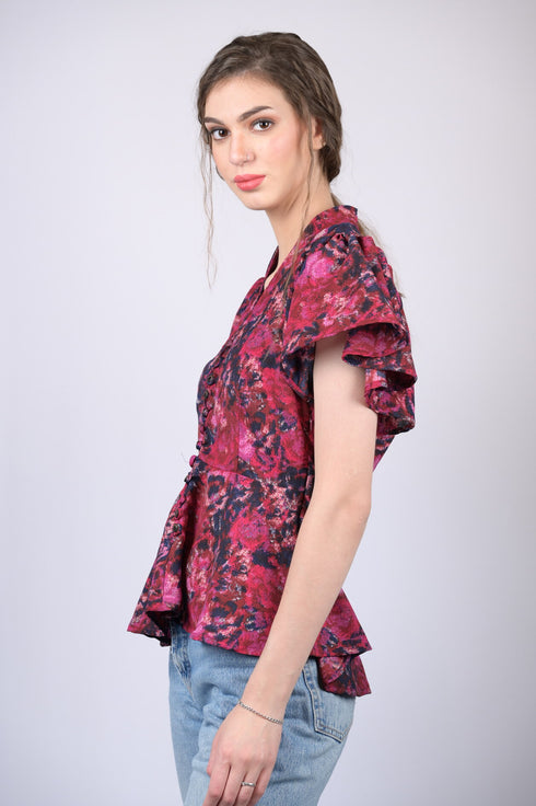 Red Floral Printed flow Sleeves Blouson Top (OTL-TPS1027)