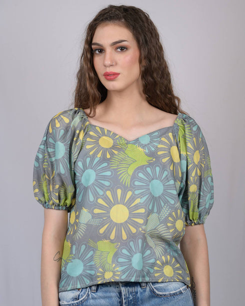 Women's Olive Green Floral Print V-Neck Top (OTL-TPS1036)