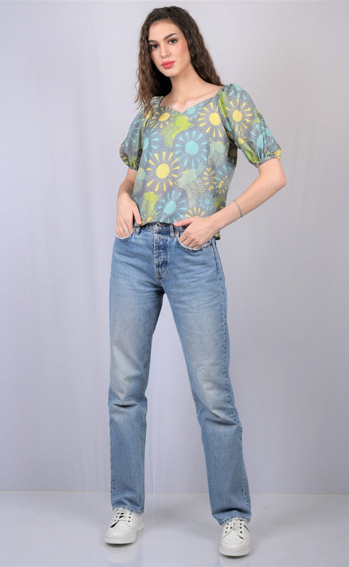 Women's Olive Green Floral Print V-Neck Top (OTL-TPS1036)