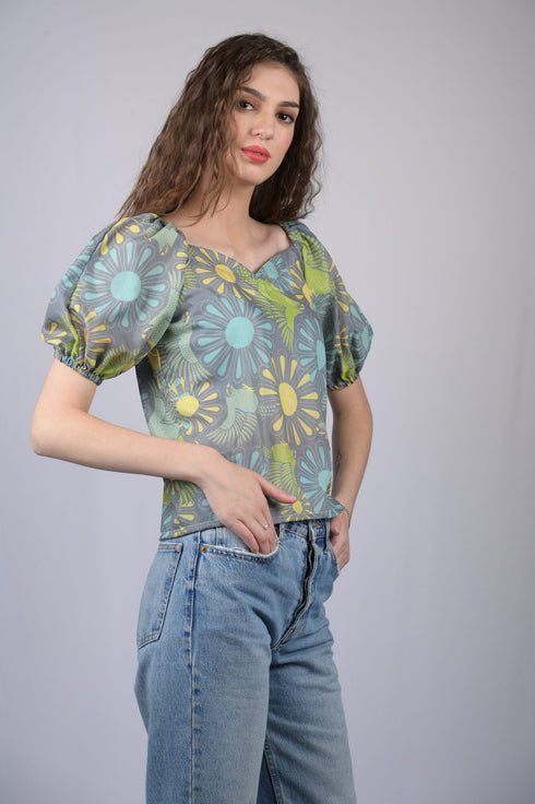 Women's Olive Green Floral Print V-Neck Top (OTL-TPS1036)