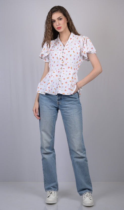 White Floral Print V-Neck Regular Top (OTL-TPS1039)