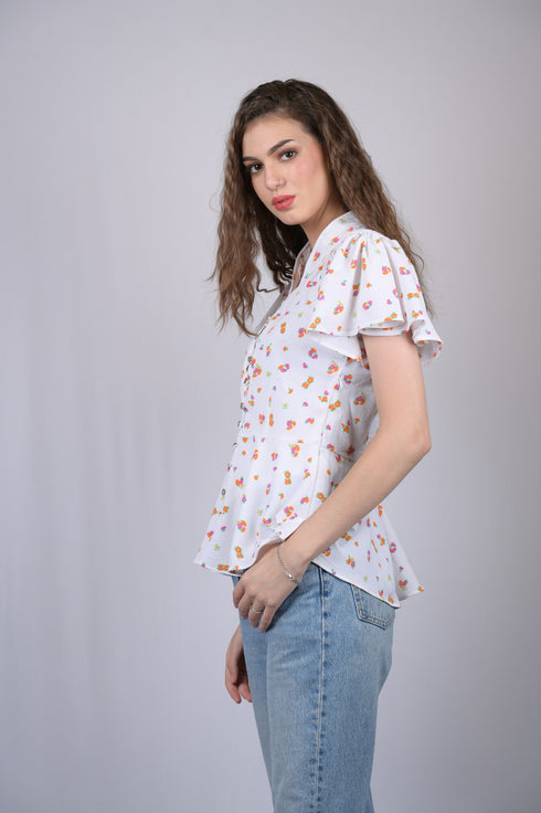 White Floral Print V-Neck Regular Top (OTL-TPS1039)