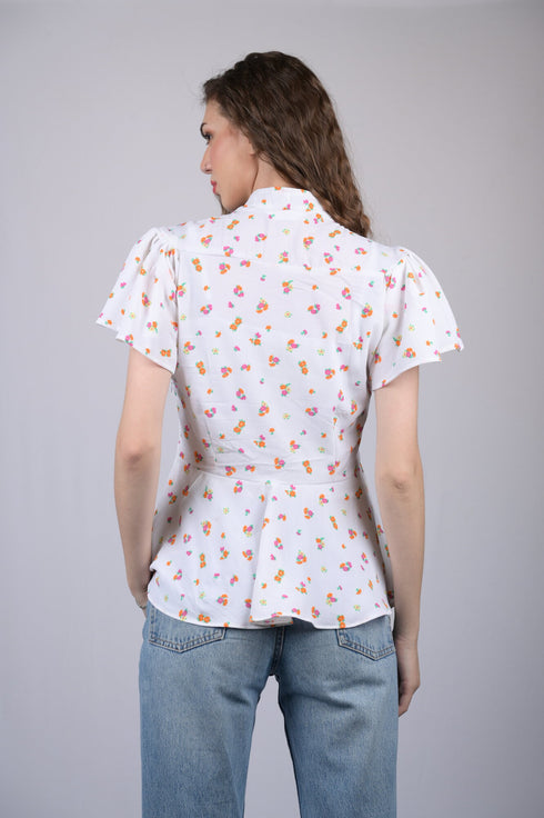 White Floral Print V-Neck Regular Top (OTL-TPS1039)